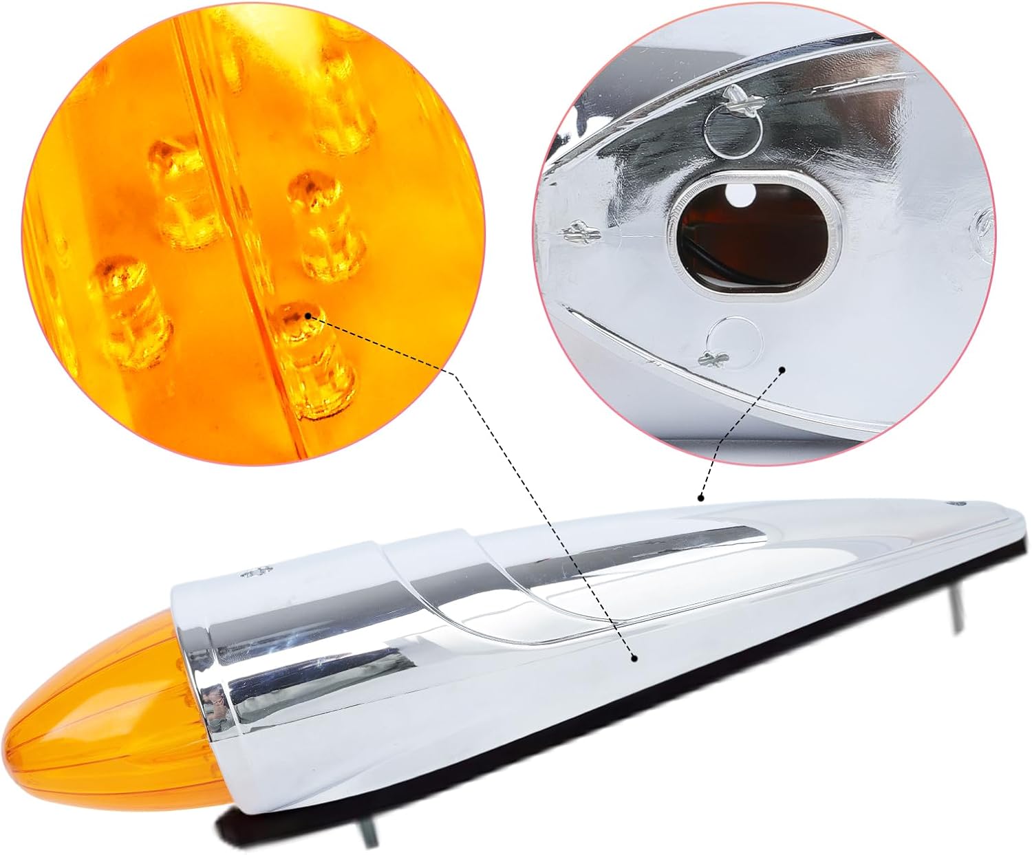 Led Cab Roof Clearance Marker Light Front Top Amber Lamps Assembly Super Bright Chrome Heavy Duty Trucks Replacement for International Kenworth/Peterbilt/Freightliner/Mack (1)