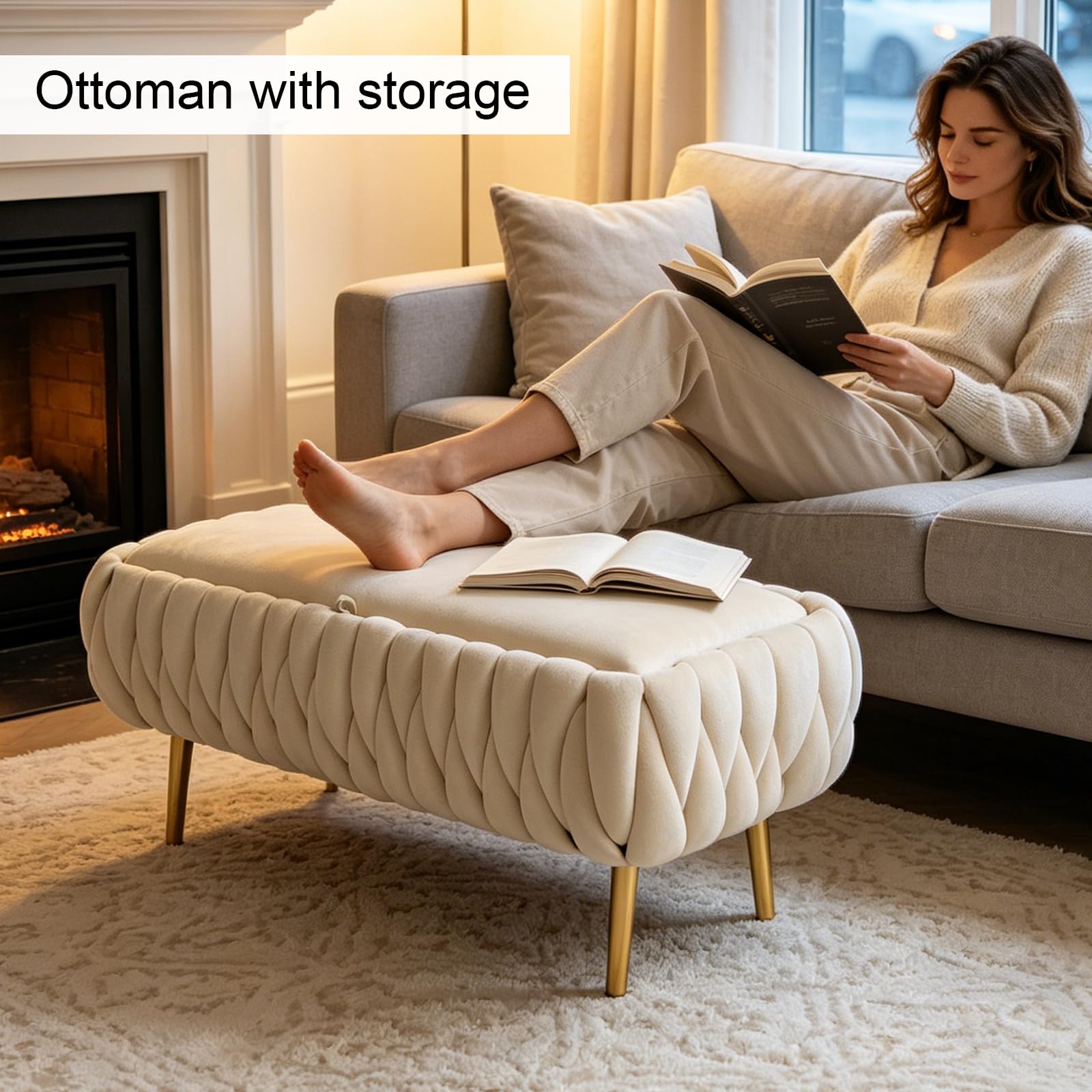 Banco Acolchado con Almacenaje, Banco Recibidor Entrada con Patas de Metal Doradas, Soporta 300 kg, Baul Pie de Cama Dormitorio para Sala, Dormitorio y Entrada 105 x 44 x 44 cm (Beige)