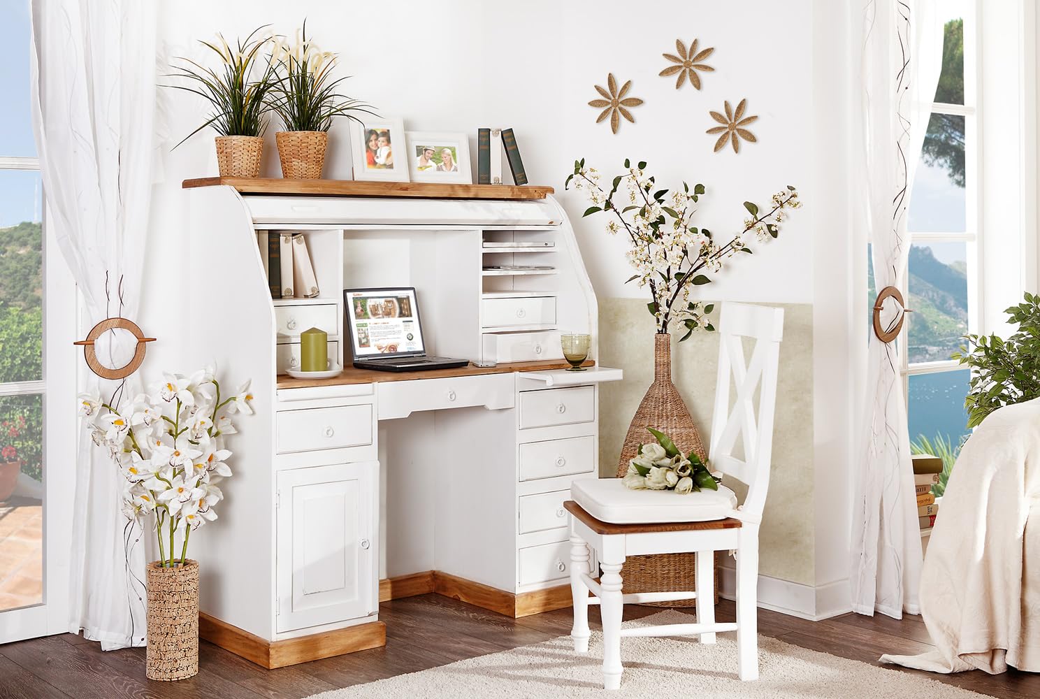 Sekretär Mexico Weiß Honigfarbig - Pinie Massivholz - Landhausstil - Homeoffice Möbel