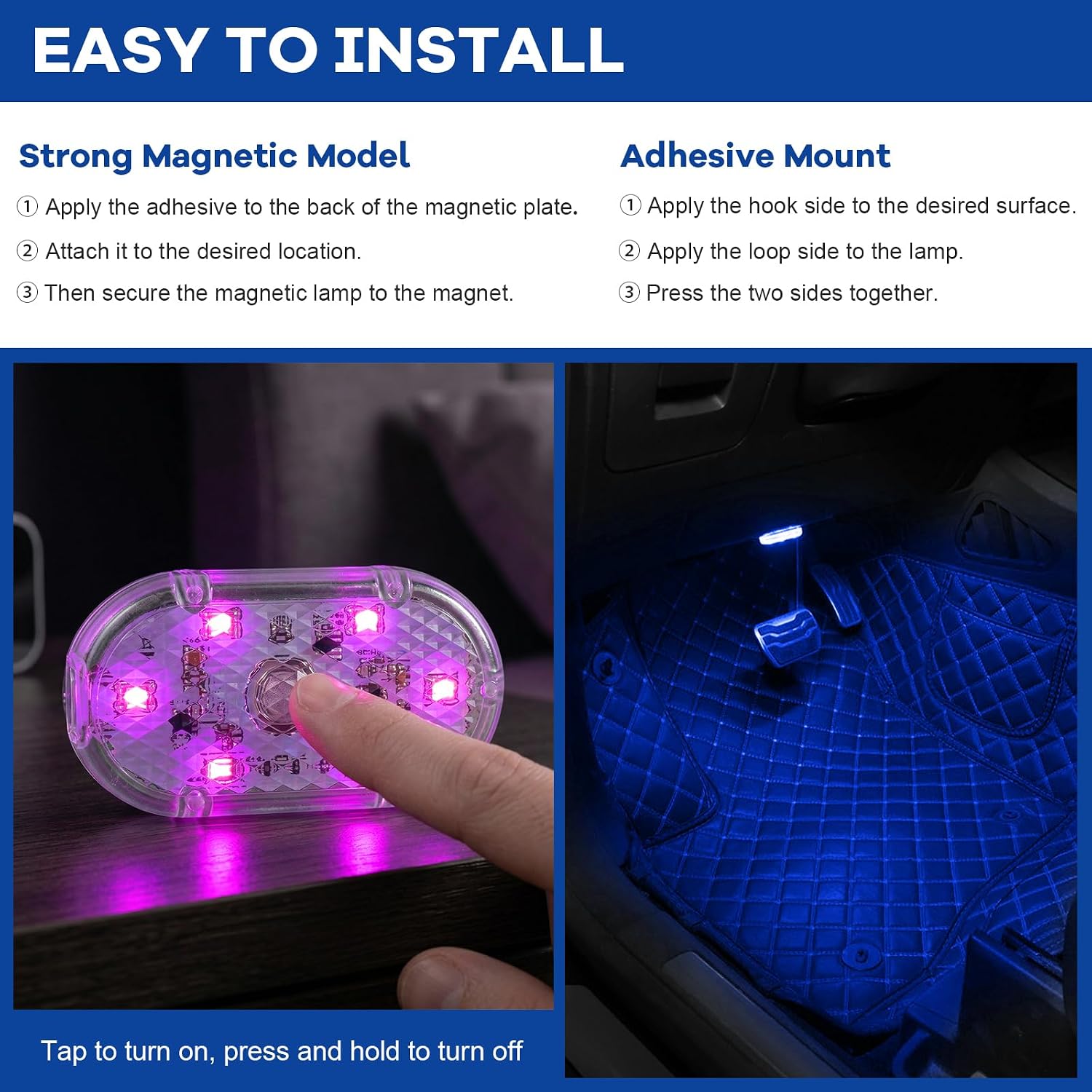2 PCS Car LED Lights Interior Wireless, Sticky Vehicle Interior Ambient Light with 6 LED Lamp Beads, Portable Reading Light USB Rechargeable Decorative Lamp for Cars (Colorful)