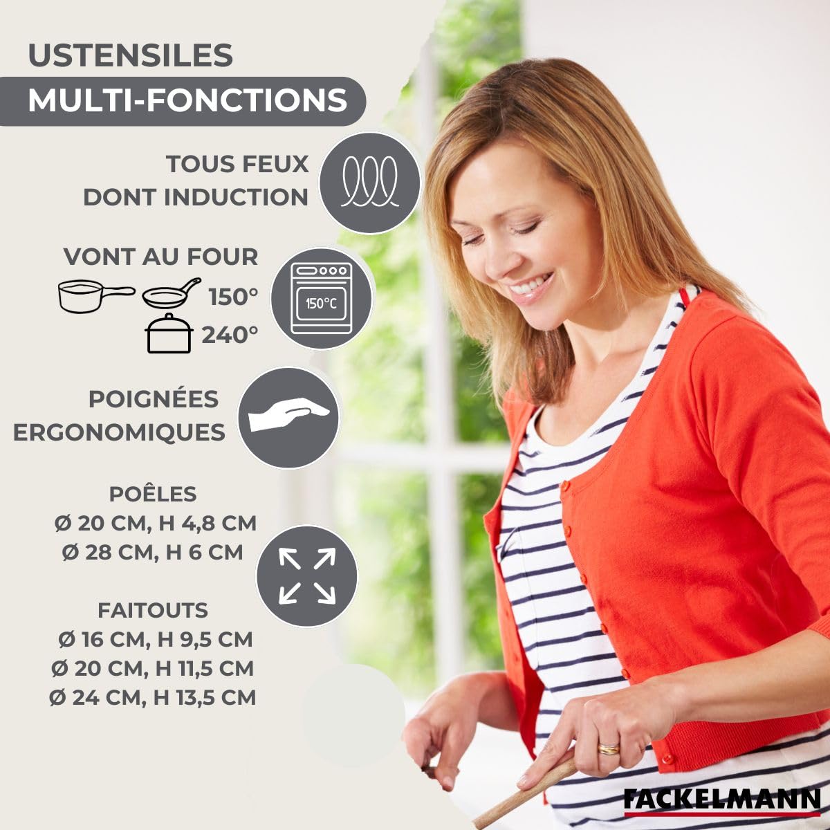 Fackelmann 9358450 2 Frying Pans 20 and 28 cm 18/8 Stainless Steel, 3 Saucepans 16 20 24 cm Stainless Steel, 6 Utensils, Frying Pan, Induction Frying Pan, PFAS Free, Stainless Steel, Glass, 16 20 28 | 11 pièces pour équiper la cuisine, 2 poêles et 3 faito