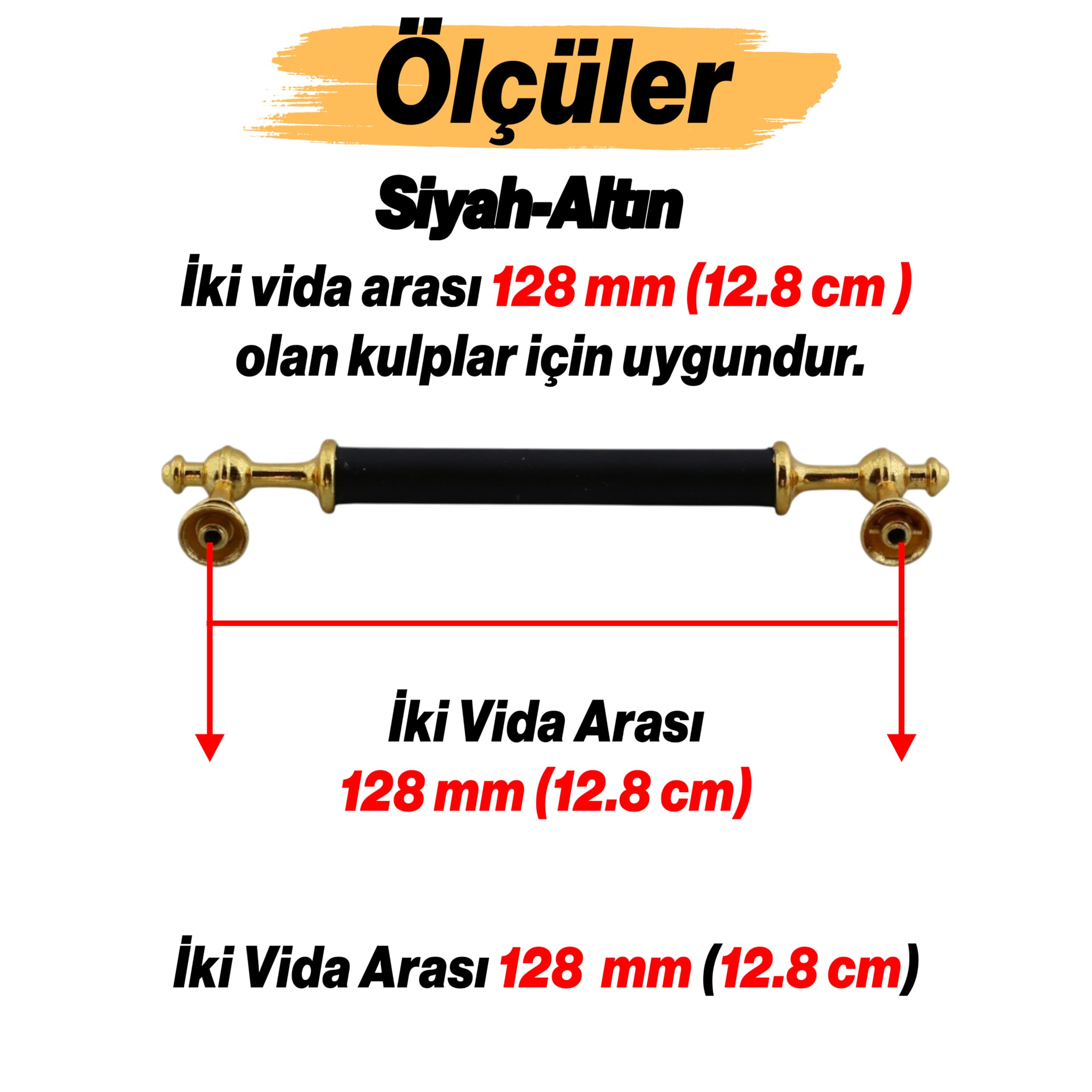 Melis (128 mm - 12.8 cm) Siyah Gold Metal Mobilya Mutfak Çekmece Dolap Dolabı Kulbu Kulpu Kulpları