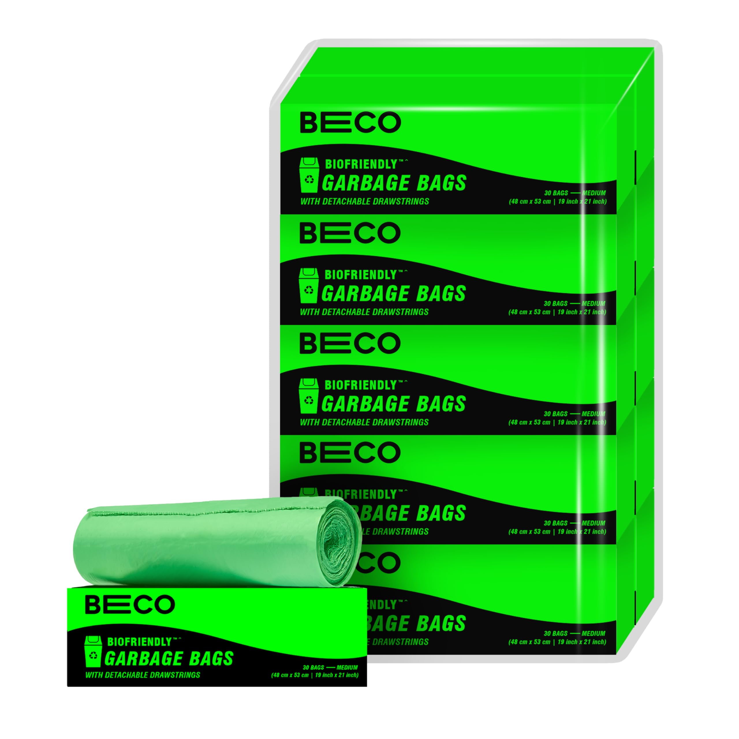 Beco Eco-Friendly Garbage Bags | 300 Pcs | Medium-19 x 21 Inches | 30 Bags x 10 Rolls | Green | Dustbin/Trash Bags with Detachable Drawstrings | For Dry & Wet waste