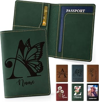 Personalized Passport Holder Custom PU Leather Passport Covers for Travel Customized Passport Wallet Engraved Name Travel Wallet Essentials Vacation for Women Men Family, Initial