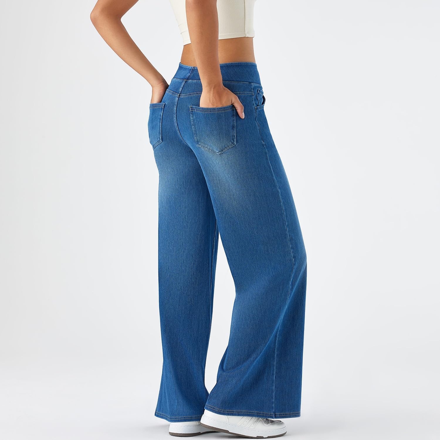 Women's High Rise Wide Leg Jeggings - Stretch Pull On Jeans-Style Pants, Soft Denim with Pockets - Image 2