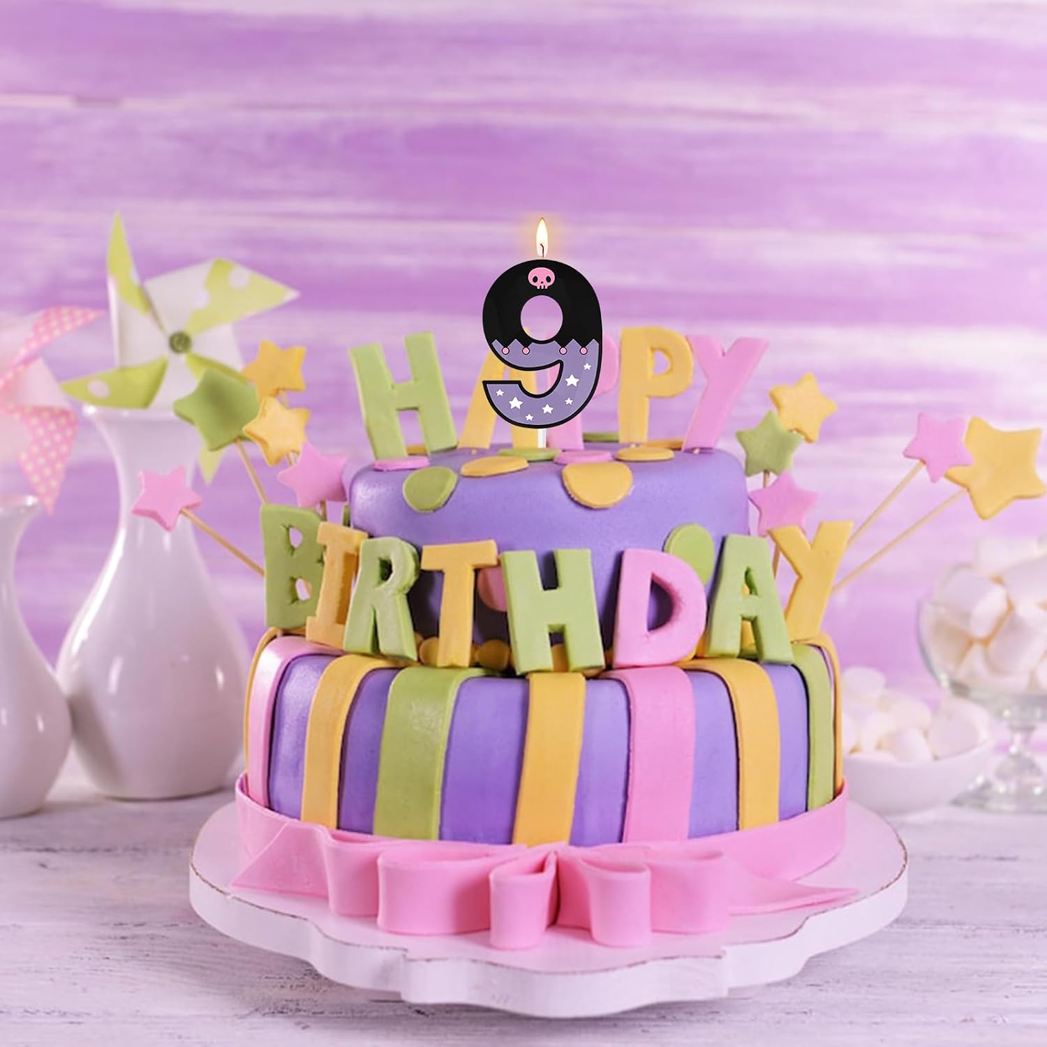 Large 3D Cartoon Number 9 Birthday Candles for Girls, 5 & 2.76 Inches Purple Black Cake Toppers, Animated Theme Birthday Decorations for Party Supplies (Number 9) image 5