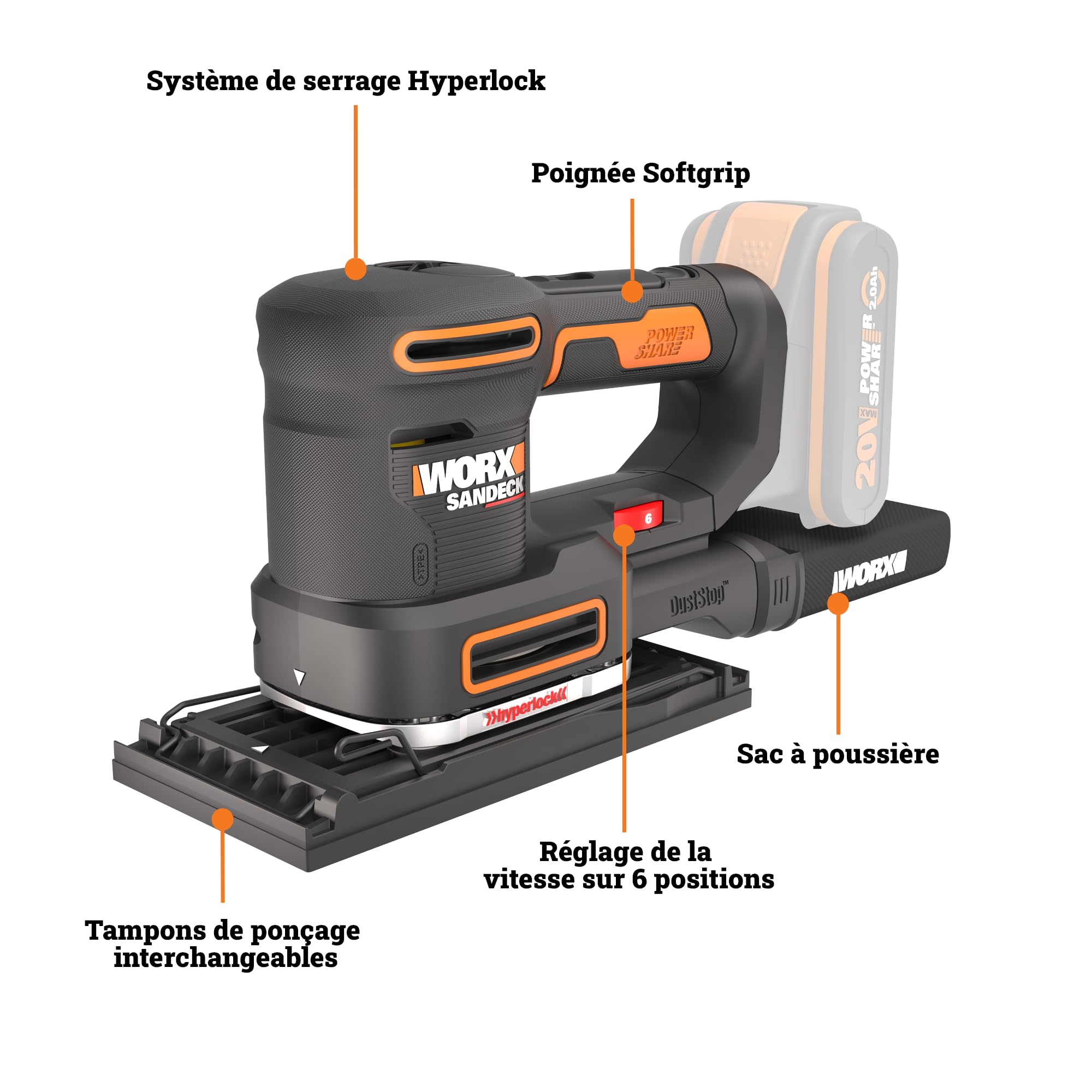 WORX Ponceuse multifonction sans fil 20V WX820.9 | Outil 5-en-1, changement rapide des plateaux, vitesse variable et PowerShare