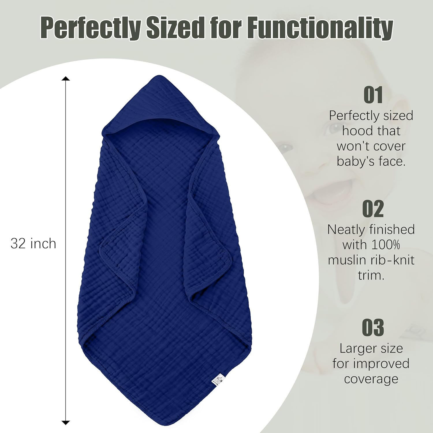 Spotted Play 2 Pack Hooded Baby Towels - 100% Muslin Cotton for Newborns, Infants, Toddlers - Large 32x32 Inch Size - Highly Absorbent and Essential for Newborn Care, Deep Navy