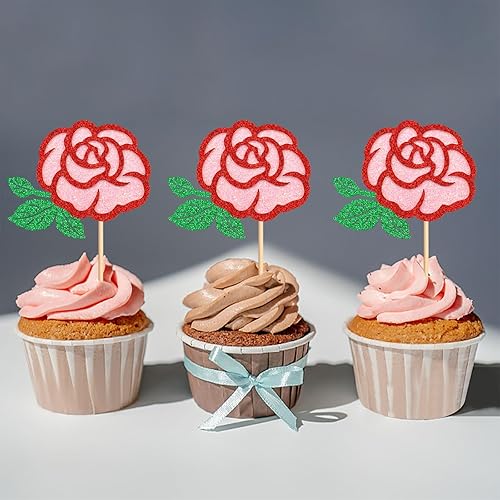 Miniatura 5 de Keaziu 24 piezas de rosas para cupcakes, rosas rosas rosas y verdes, diseño de doble capa para boda, aniversario, día de la madre, día de San