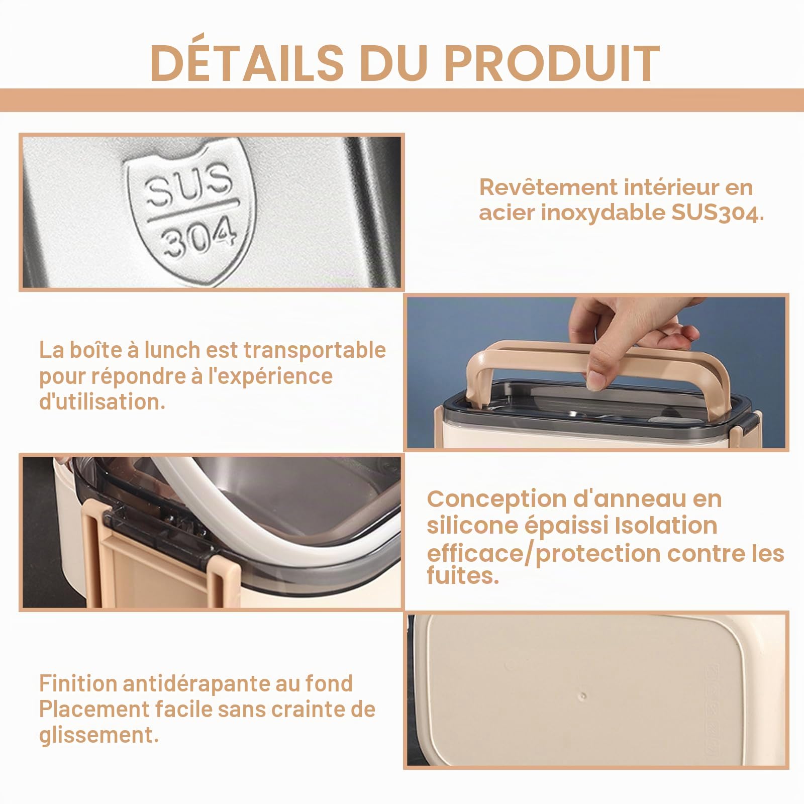 Boîte à lunch 1400 ml : boîte à bento hermétique en acier inoxydable sans BPA avec couverts et compartiments