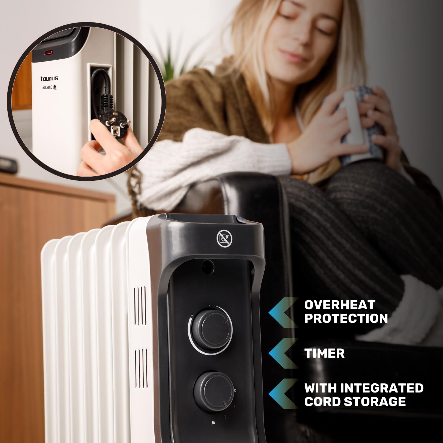 Taurus - Radiador de Aceite 1500W, 7 Elementos, Termostato, Temporizador