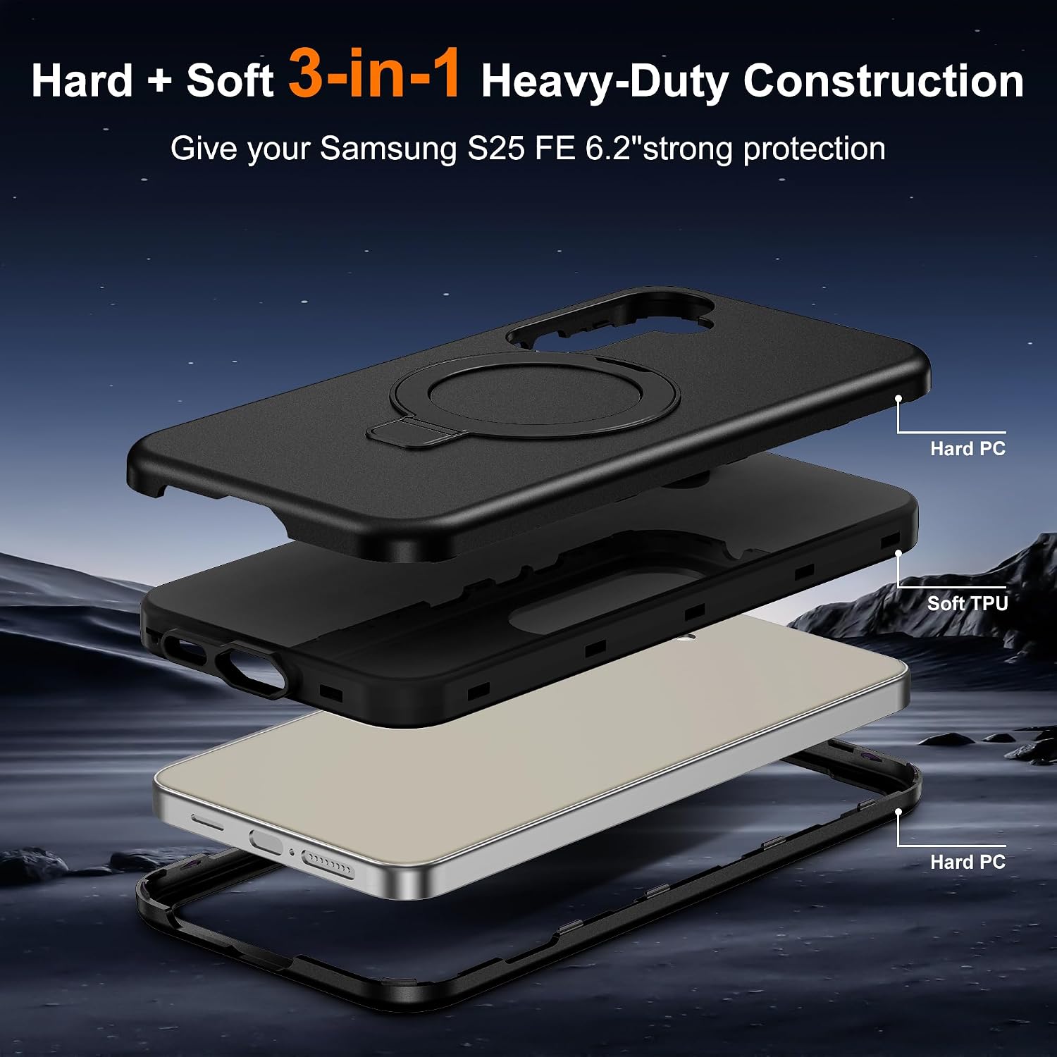 Designed for Samsung Galaxy S25 FE Case with Magnetic Ring Stand [Compatible with Mag-Safe][Military Grade Drop Protection][Build in Kickstand] Shockproof S25 FE Phone Case 6.7",Black