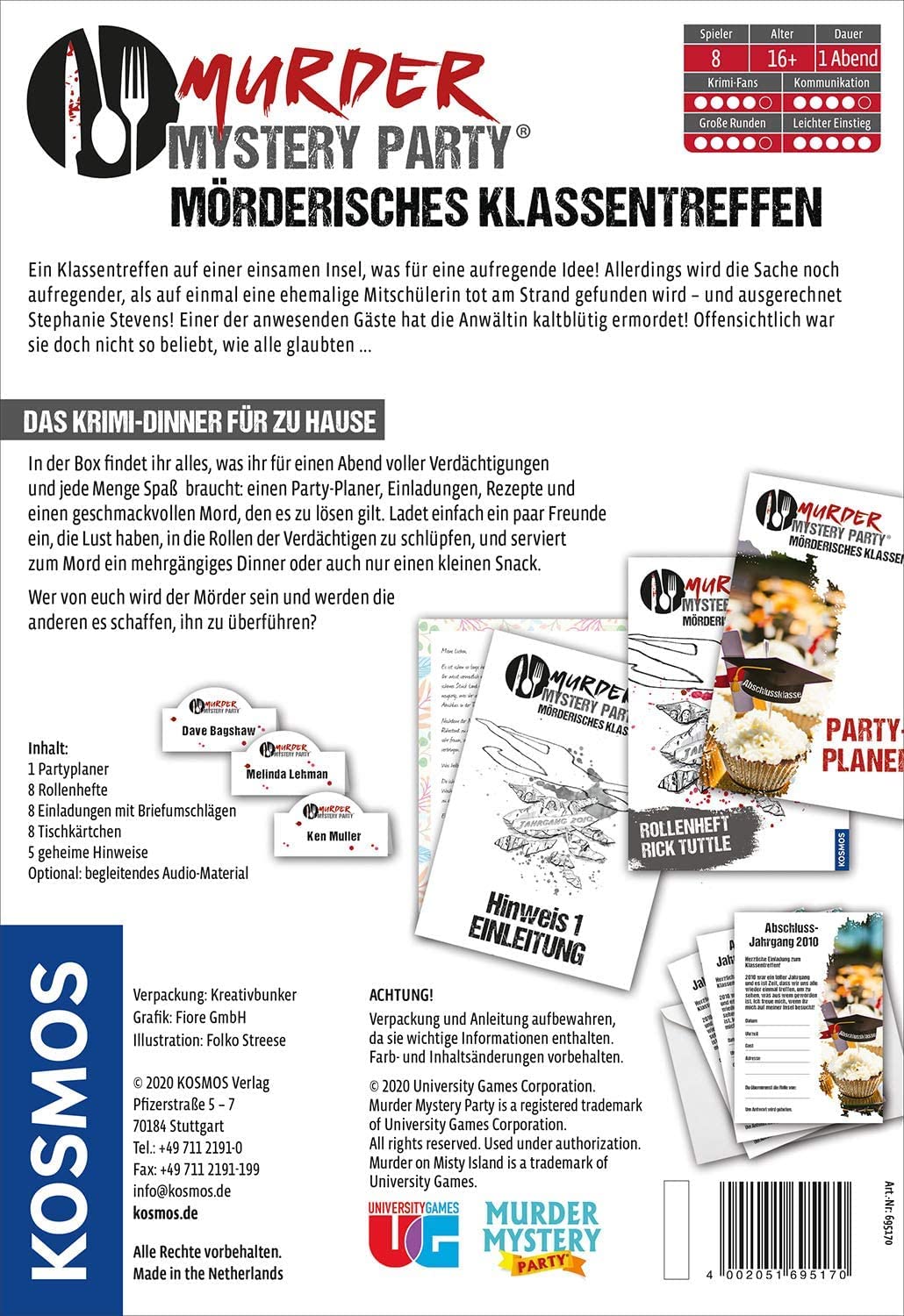 KOSMOS 695170 Murder Mystery Party - Mörderisches Klassentreffen, Das Krimi-Dinner für zu Hause, Komplett-Set für 8 Personen ab 16 Jahren, Partyspiel, unterhaltsames Gesellschaftsspiel