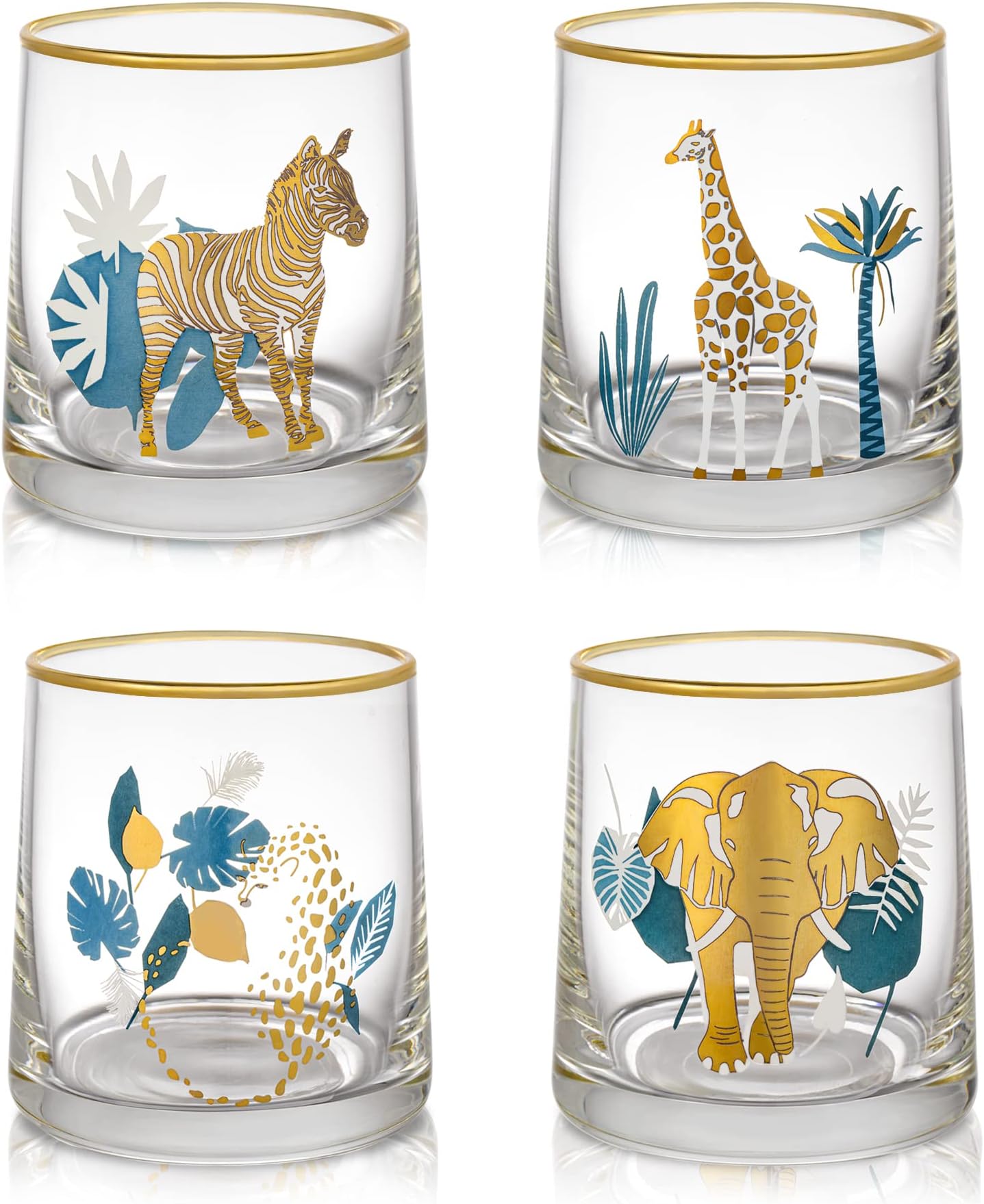 – Joeyan 270ml Creative Drinking Glasses with African Animal Patterns - Set of 4 Gold Rimmed Decal Water Glasses - Novelty Whiskey Tumblers for Wine, Cocktail, Rum, Liquor and Beverages
