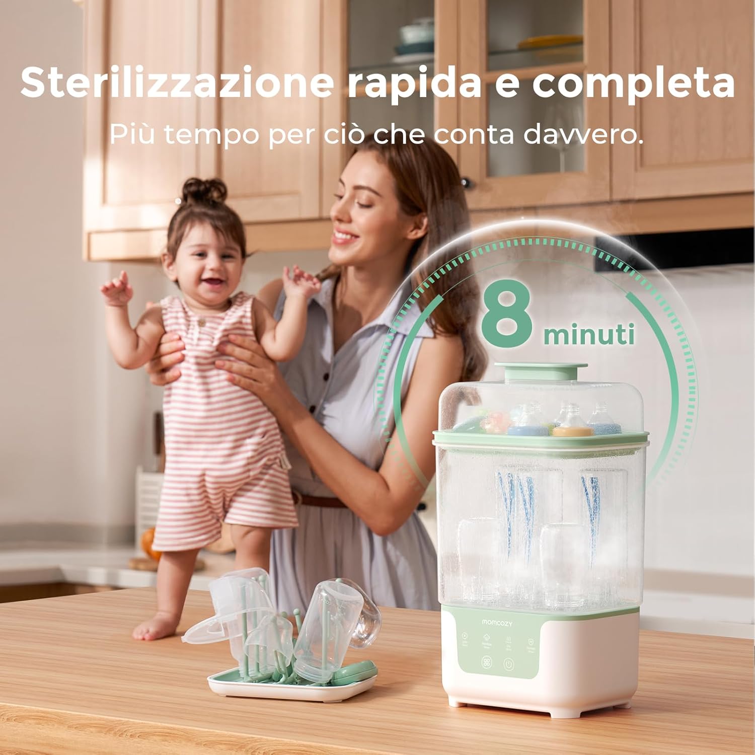 Momcozy Sterilizer in operation, showing 8-minute sterilization