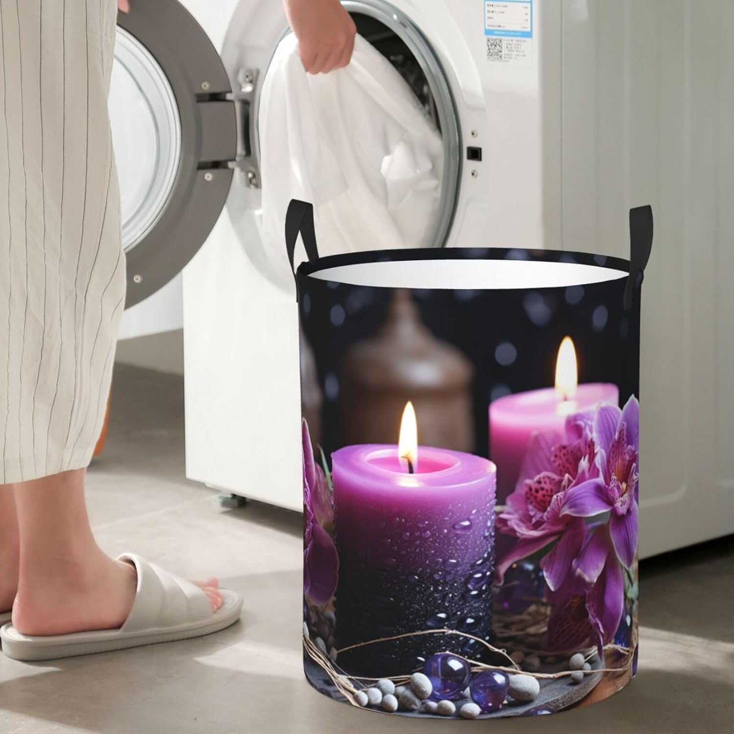 Laundry Basket Collapsible Purple flowers and candles Laundry Hamper Freestanding Clothes Hamper with Handles Washing Bin Foldable Clothes Hamper for Living Room, Bedroom image 5