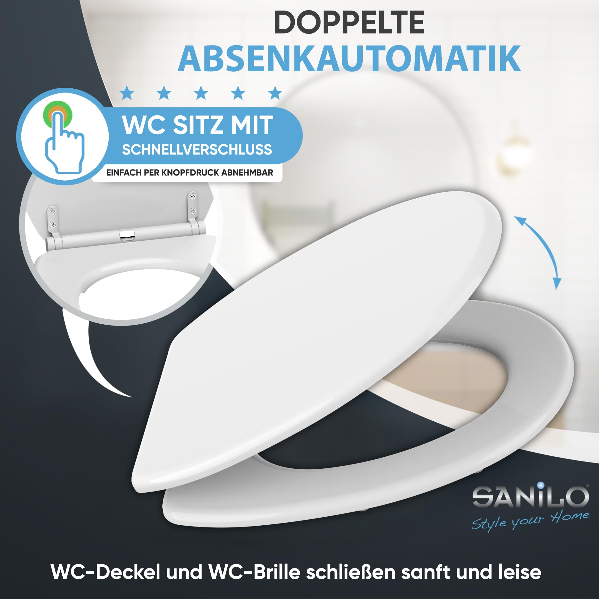 Sanilo WC Sitz mit Absenkautomatik & Schnellverschluss, Toilettendeckel per Knopfdruck abnehmbar, einfache Montage von oben (Weiß)