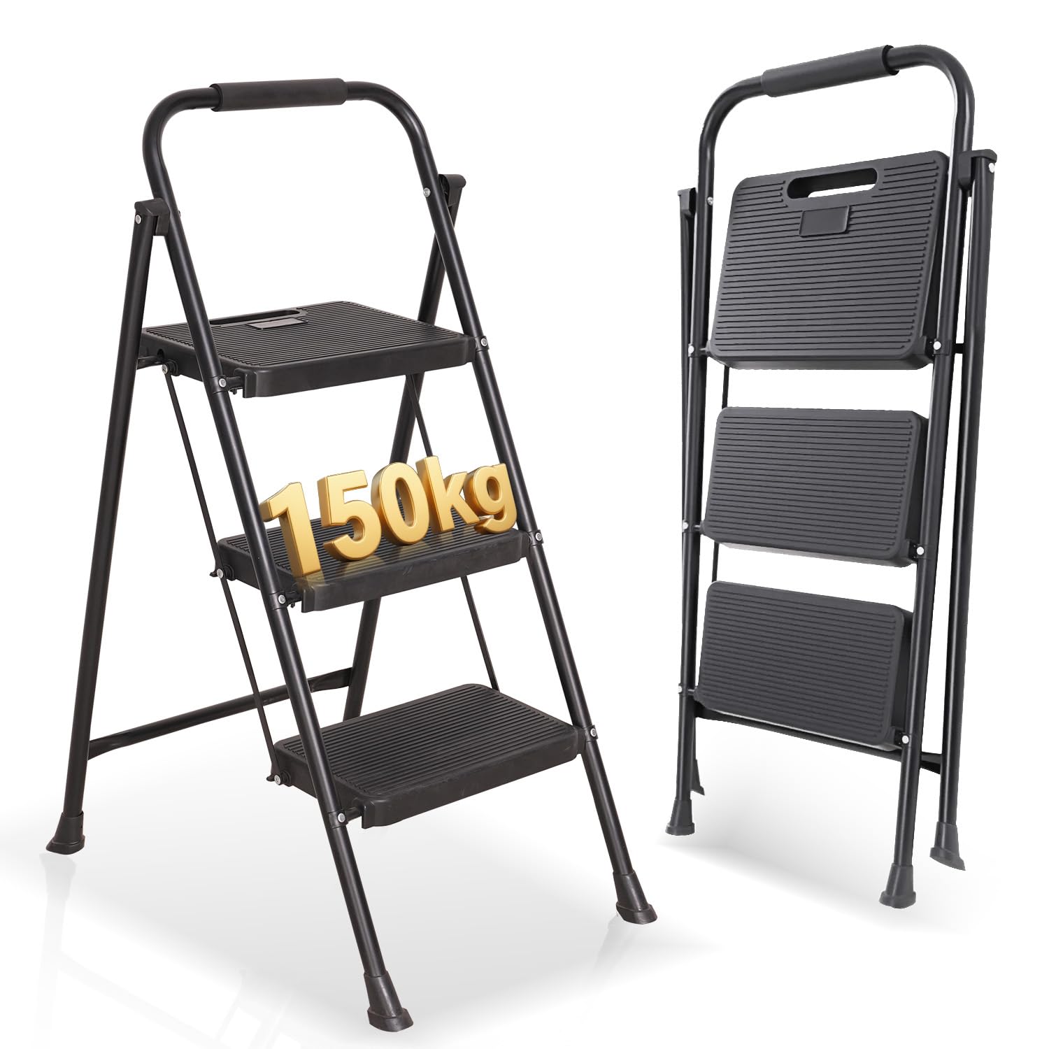 OUTIGO Escalera Plegable de 3 peldaños, pequeña, con Mango de Goma, diseño Antideslizante, Fabricada en Acero de aleación, Capacidad de Carga de hasta 150 kg, portátil, Ideal para el