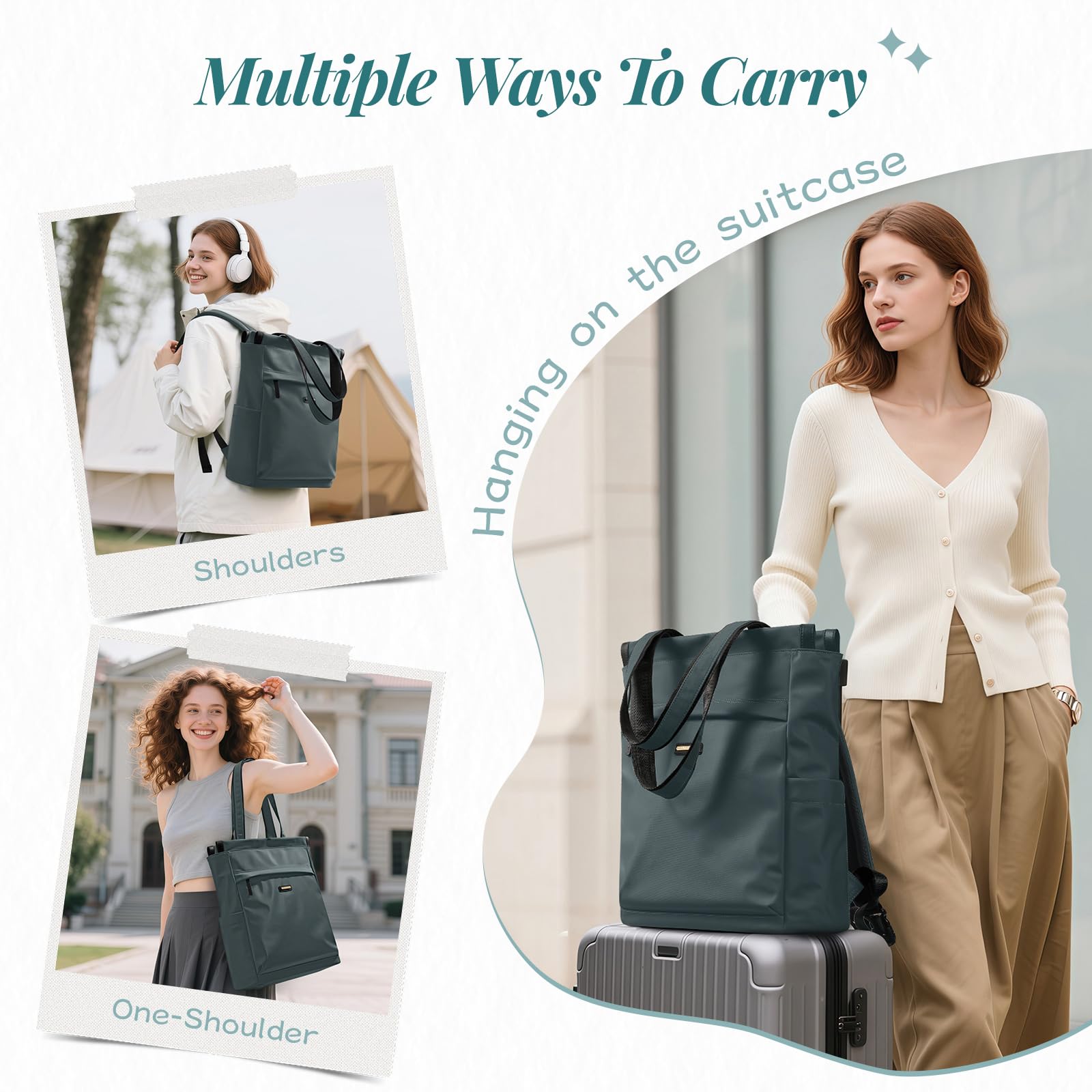 Sac à Dos Convertible pour Ordinateur Portable, Sac à Dos pour Ordinateur Portable pour Femme, Sac de Voyage Décontracté de 15.6 Pouces, pour l'université, les Voyages, le Travail (Vert Foncé)