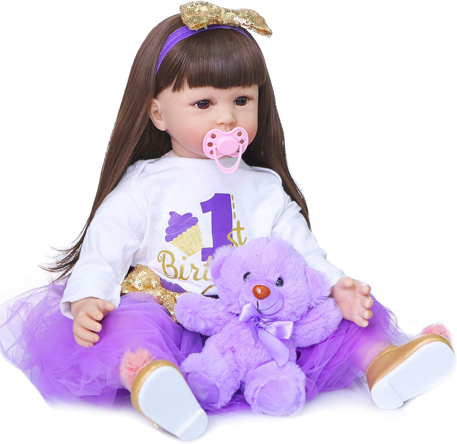 iCradle Cute 24 inch 60 cm Reborn Baby Doll Long Hair Girl Soft Vinyl Baby Doll Real Life Baby Toddler Doll Toy for Ages 3+