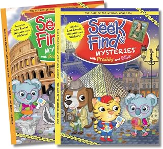 Seek & Find Mysteries with Freddy & Ellie 2-Book Set – Interactive Mystery, Hidden Object & Sticker Activity Books for Kids – Mona Lisa & Roman Colosseum Adventures