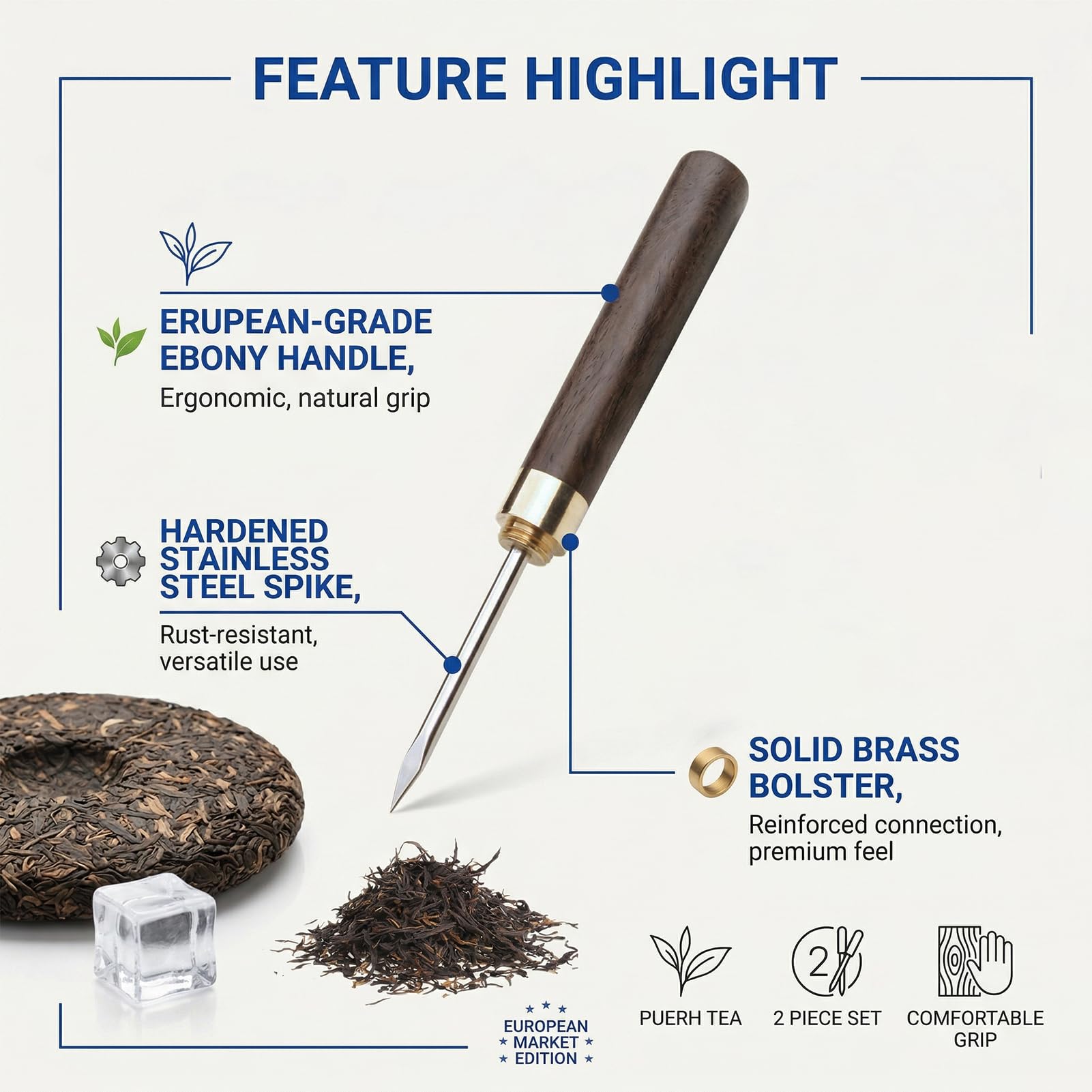 Punteruolo da Tè Set 2 pz (Piccolo & Grande) Manico Ebano Punta Metallo – Ideale per Tè Puerh, scioglie le foglie con precisione per un gusto autentico.