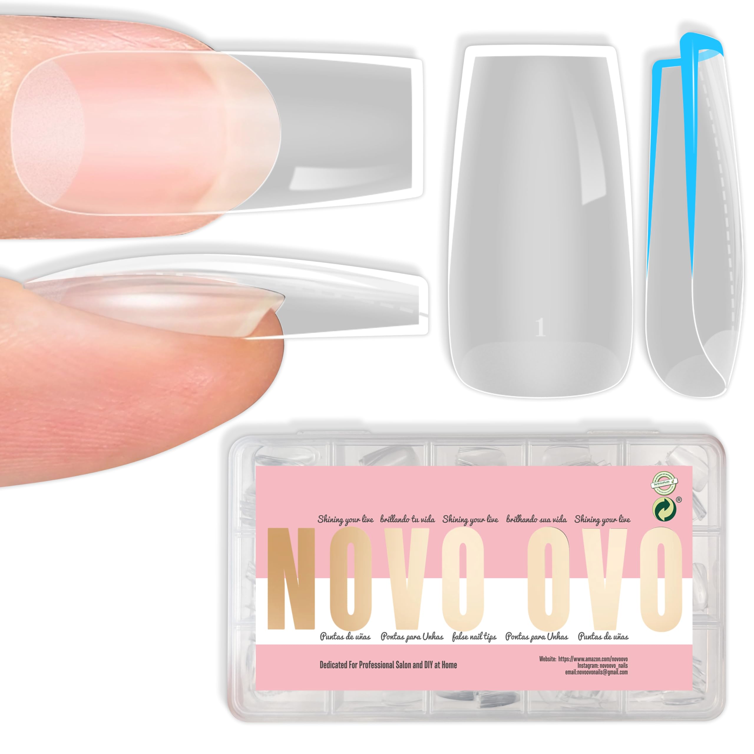 NOVO OVO Medium Square Nail Tips Extra Thick Press on No C Curve ミディアムスクエアネイルチップ 極厚 プレスオン Cカーブなし ソフトジェル ナチュラルフェイクネイルエクステンション フルカバー クリアフェイクネイル アクリル用 フレンチマニキュアサロン DIY x 14サイズ 224個 [並行輸入品]