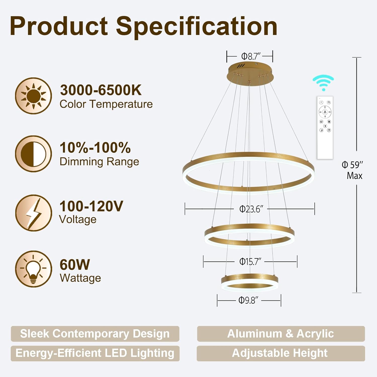 3 Rings Modern LED Chandelier Gold High Ceiling Ring Chandeliers with Remote Control Circular Pendant Light Dimmable for Dining Room Living Room Bedroom Foyer Entryway 3000K-6500K