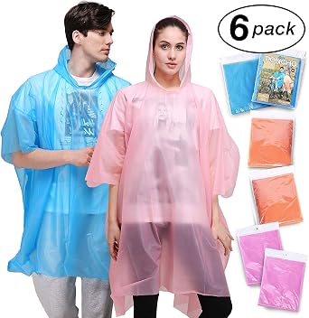 Rain Ponchos for Adult with Drawstring Hood - 6 Pack Lightweight Yet Strong, Reusable-for Women Men Concerts, Camping