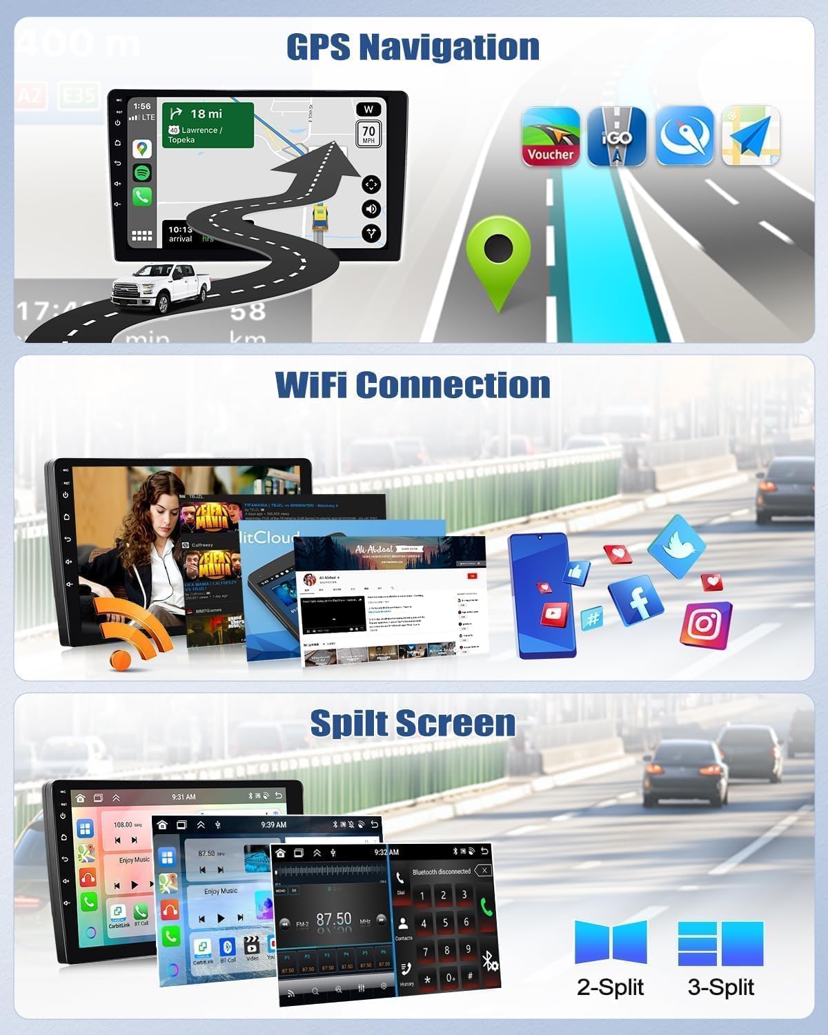 Screenshots showing GPS Navigation, WiFi Connection, and Split Screen features.