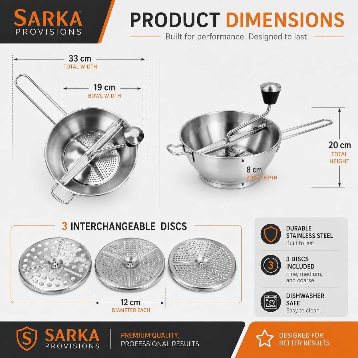 Premium Stainless Steel Food Mill with 3 Interchangeable Discs - Ergonomic Rotary Hand Crank Food Strainer for Tomato Sauce, Applesauce, Baby Food, Mashed Potatoes, Purees, Soups & Canning
