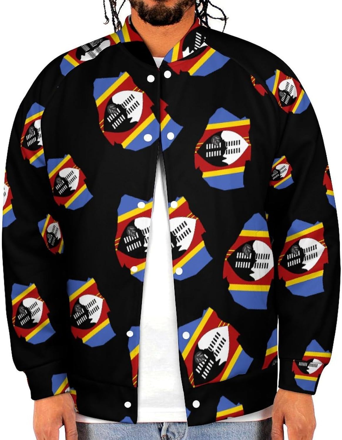 Flag Map of Eswatini Novelty Men's Baseball Jackets Causal Sweatshirt Button Top Long Sleeve Coat