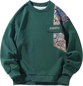 Mens Round Neck Embroidered Sweatshirt Casual Long Sleeve Pullover Sweatshirt