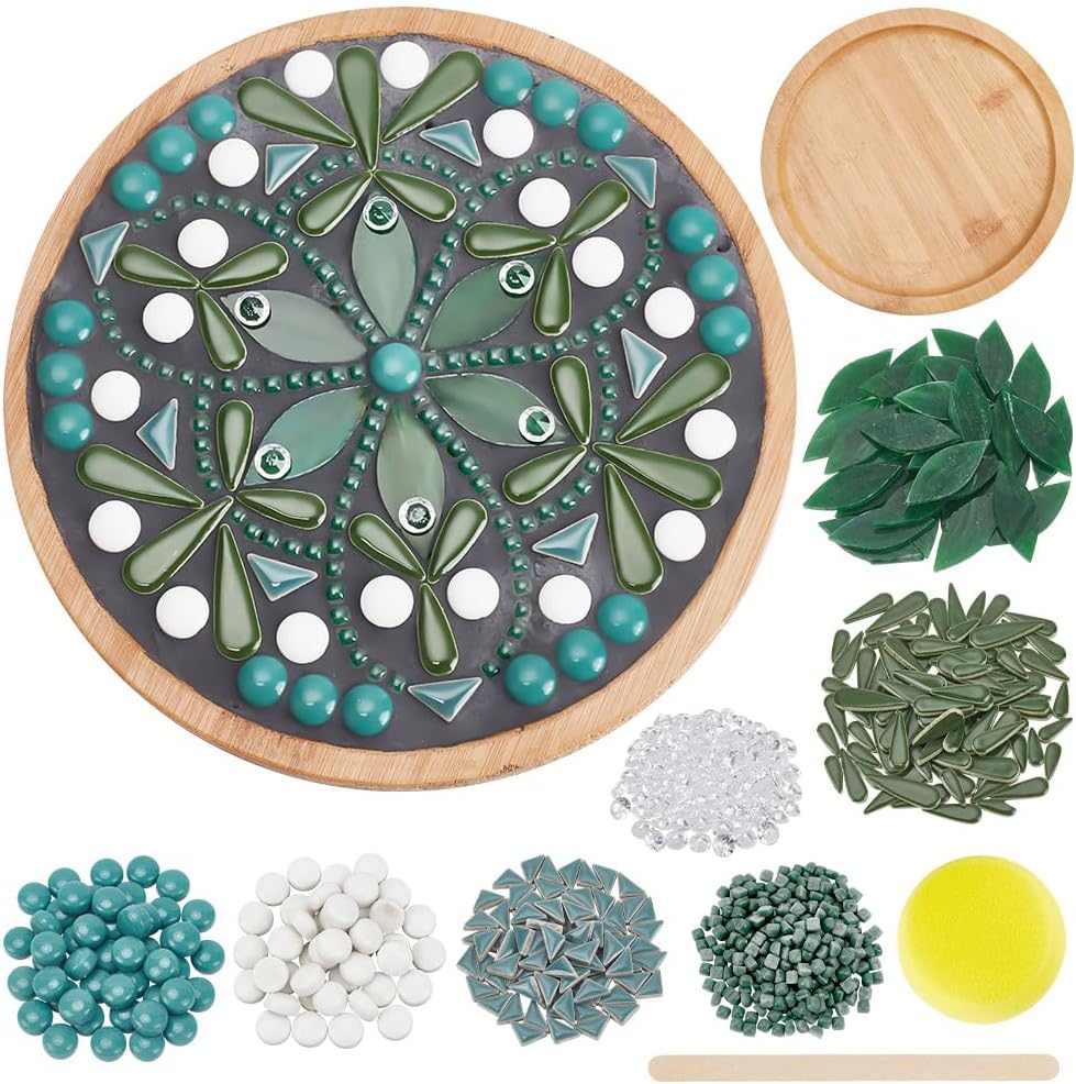 WEBEEDY DIY Ceramic Mosaic Kit Flower Mosaic Bamboo Coasters Kits for Adults Beginner Green Glass Mosaics Tiles with Bamboo Coaster Base for Handmade Mosaics Coaster Home Summer Decor