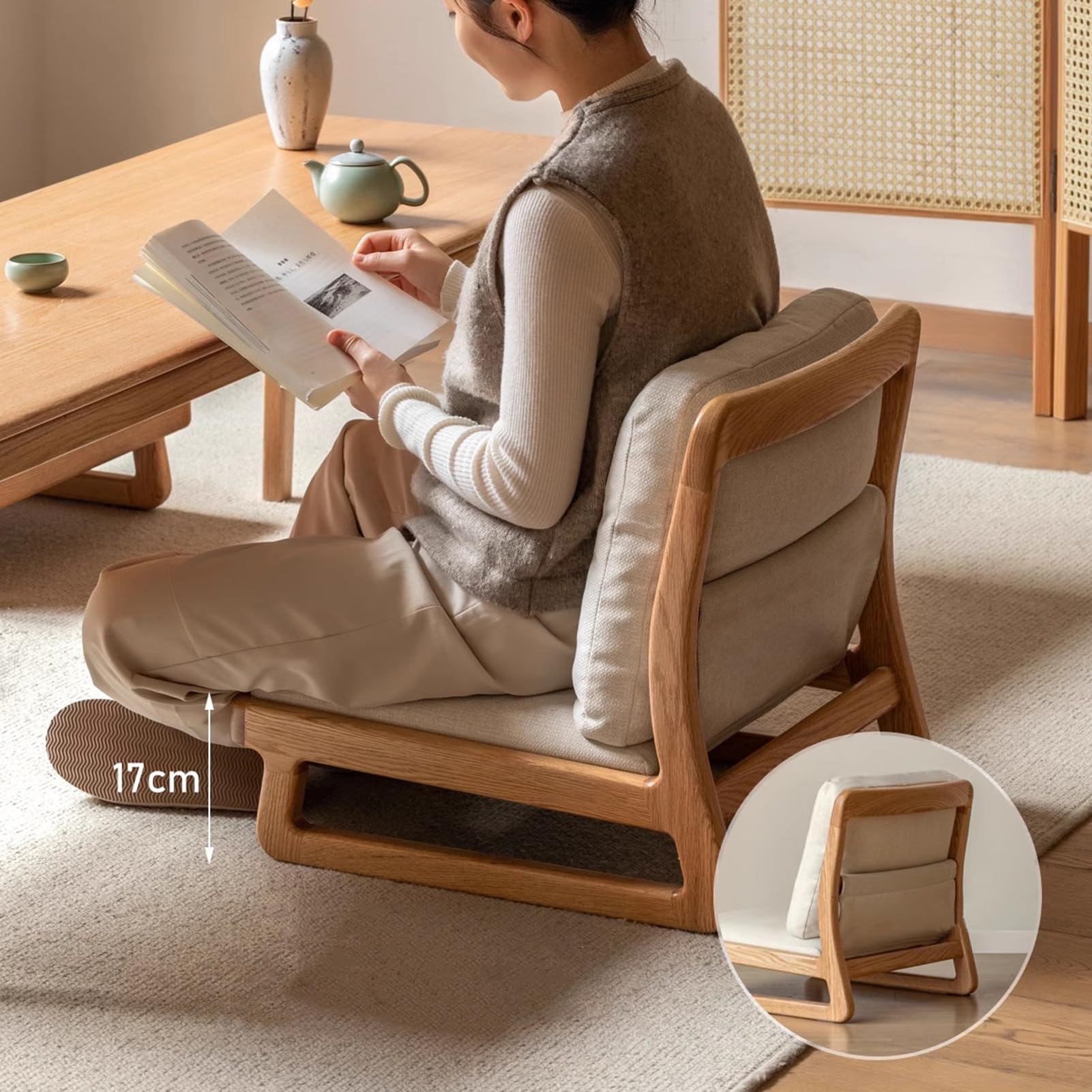 Silla de meditación de Suelo con Respaldo, Estera de Madera Maciza, Estilo japonés, para Sala de Estar, Dormitorio y ventanal.