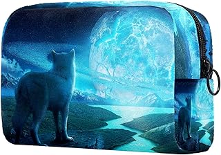 Bolsa de cosméticos para mulheres ficção científica lobo lunar adorável bolsas de maquiagem espaçosas bolsa de higiene pessoal de viagem acessórios organizador presentes bonitos 18,5 x 7,6 x 13 cm