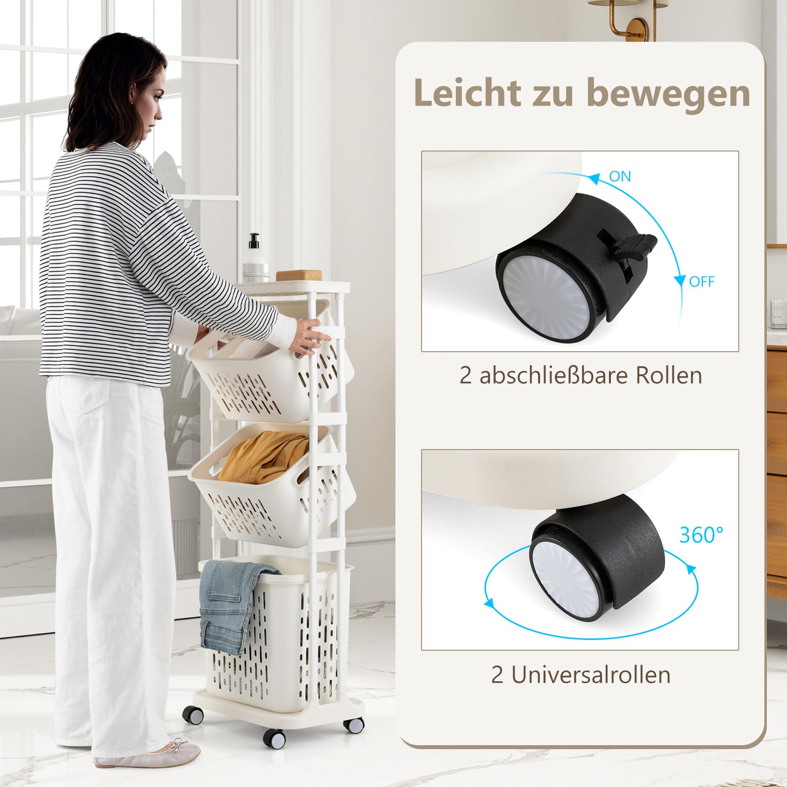 COSTWAY Wäschekorb Ständer, 72L Wäschesammler schmal 30cm breit, großer Korb mit Griff & 2 kleine Körbe mit kippbarem Design, Wäschesortierer Plastik, Rollwagen 3 Fächer, Metallrahmen, beige