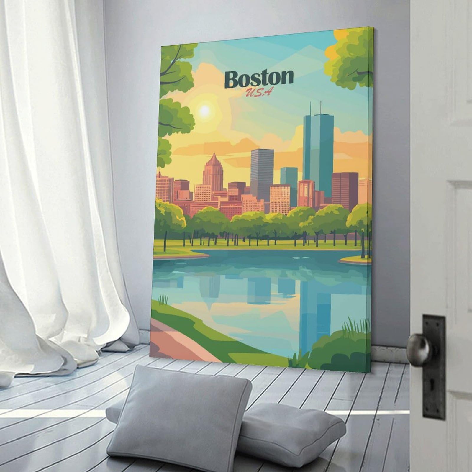 Junmoney Canvas Wall Decor Boston USA Cityscape Illustration(2), 24x36inch(60x90cm), for Living Room, Bedroom, Office Or Hallway, Stylish Home Artwork for Focal Walls