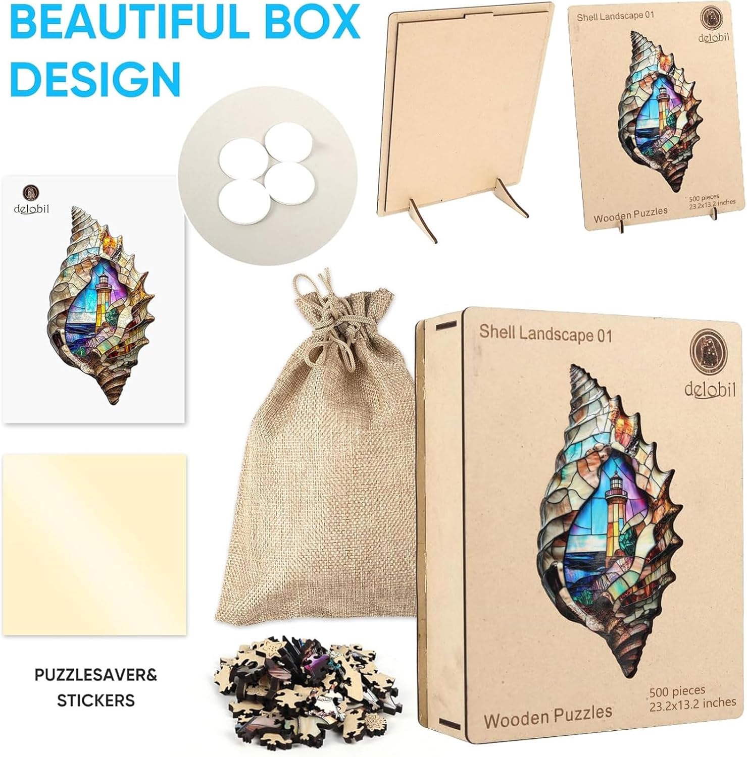 Delobil Wooden Puzzles, Shell Landscape Jigsaw Puzzles 500 Pieces, Unique Shaped Wooden Puzzle for Adults and Kids, Ghristmas Gift Family Game 23.2 x 13.2 Inch