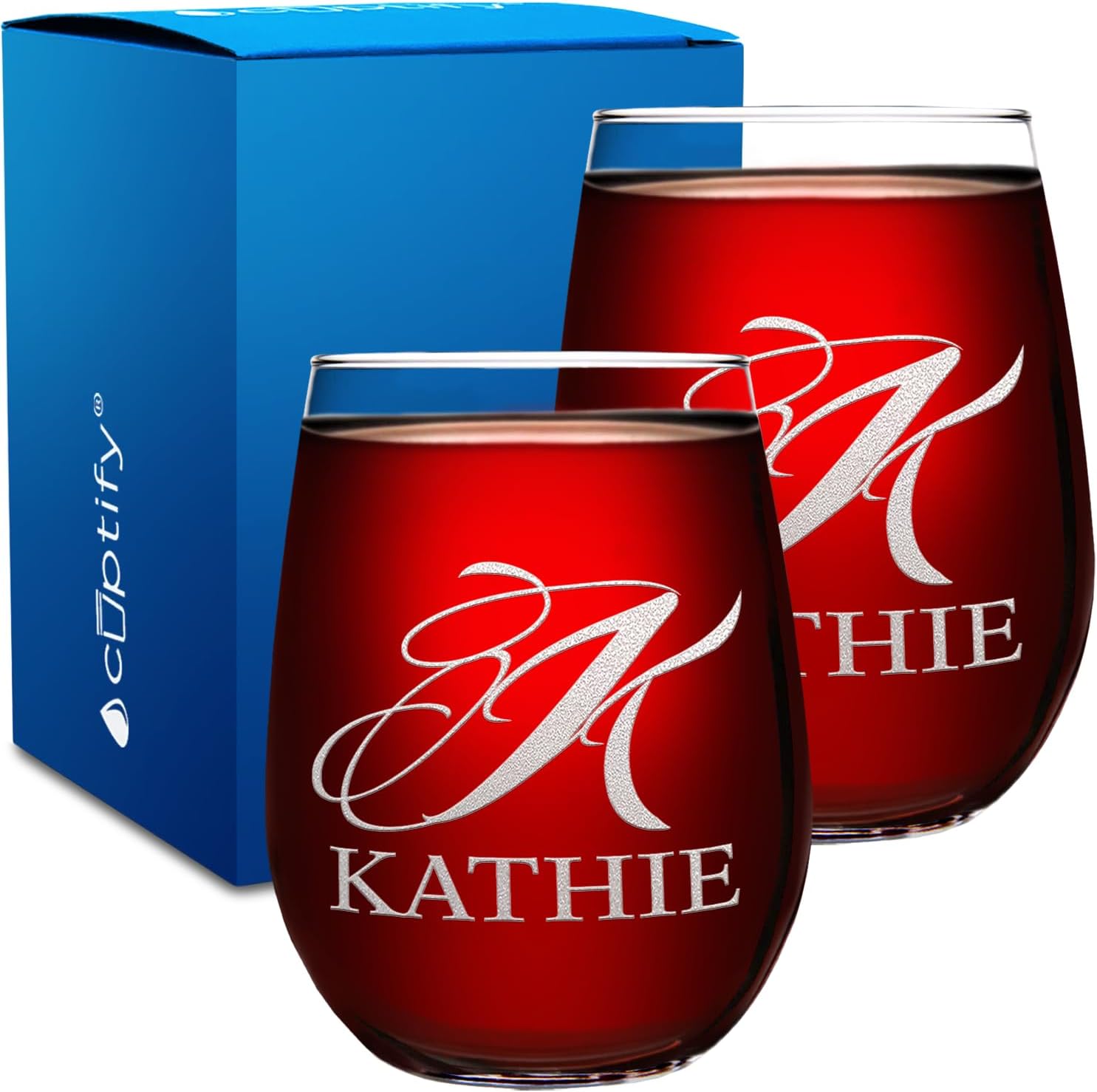 Cuptify Personalized Wine Glasses Set of 2 Monogram Name Engraved 17 oz Stemless Customized Red White Wine Glass Gift for Women