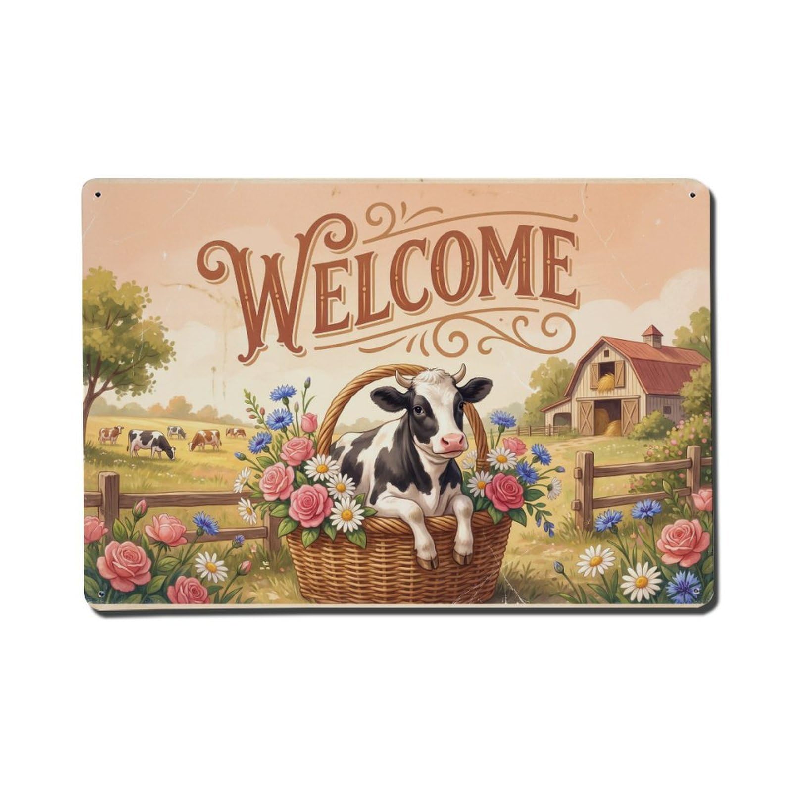 Vintage Welcome Cow Woodland Friends Metal Tin Sign