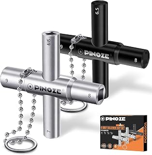 Pinoze Llave de agua de 4 vías, 1/10.2 cm, 9/81.3 cm, 5/40.6 cm, 11/81.3 cm, 2 unidades de llaves multifunción de acero con llavero para grifos, válvulas, espigas, plateado y negro