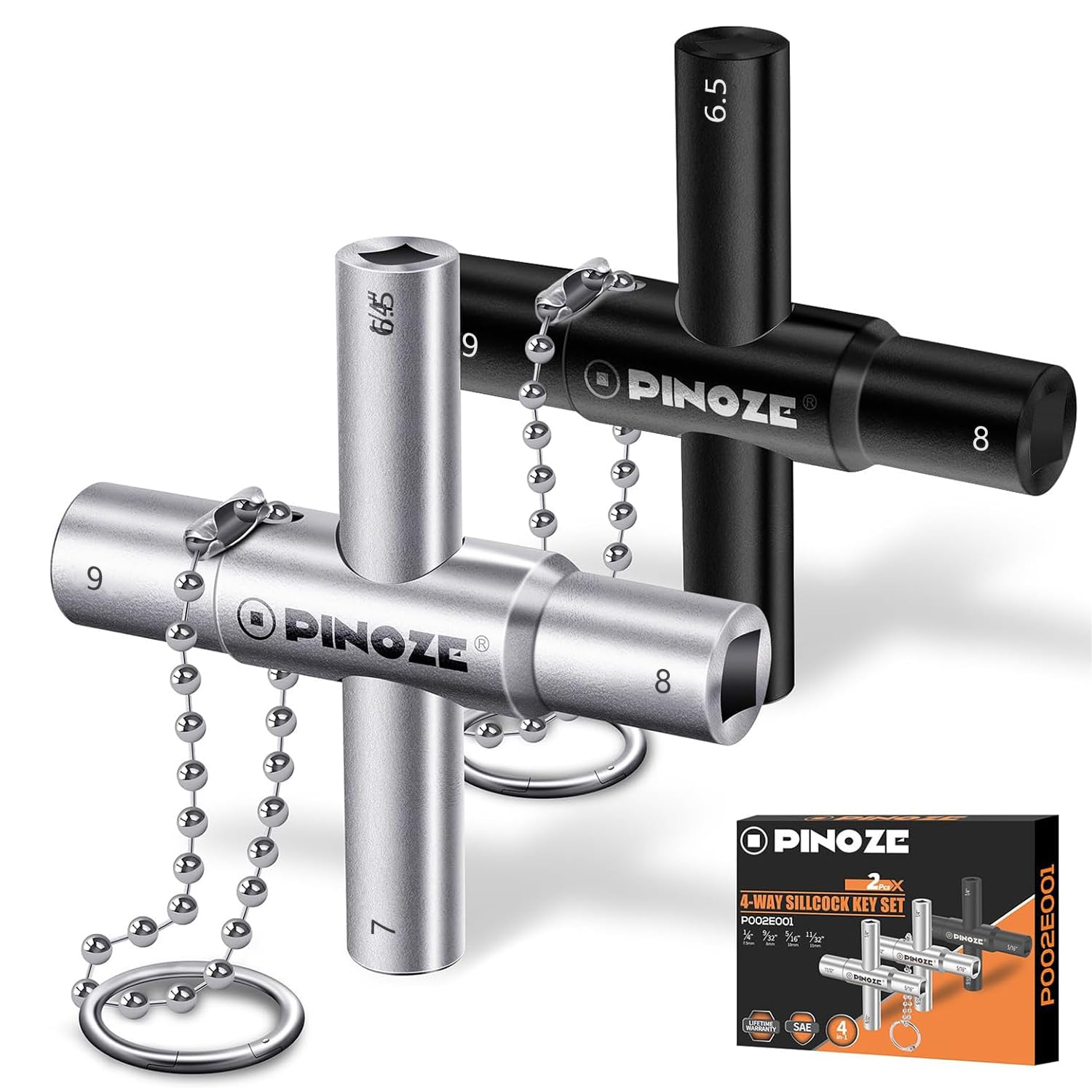 Pinoze Silver/Black 4 Way Sillcock Water Key, 6.5/7/8/9 Mm, 2-Pack Steel Multi-Function Utility Key With Keychain For Sillcocks Faucets Valves Spigots, &