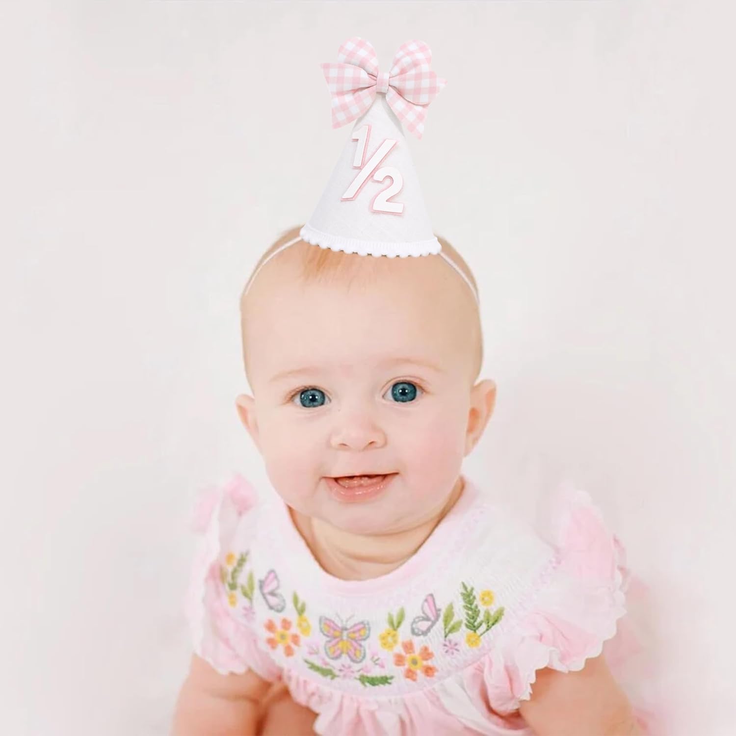 Pink Bow Half Birthday Hat for Girls - Pink and White Theme 1/2 Brithday Decorations, Half Way to One Party Hat, Baby Girl half Bday Decor (1/2 birthday hat)