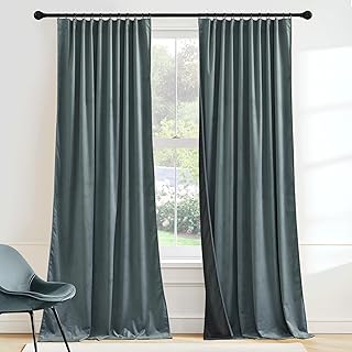 RYB HOME Dusty Blue Velvet Drapes for Baby Boy Bedroom, Thermal Insulated, Light Blocking, Floor-Length Velvet Curtains with Hook Belt for Modern Home Decor, 52