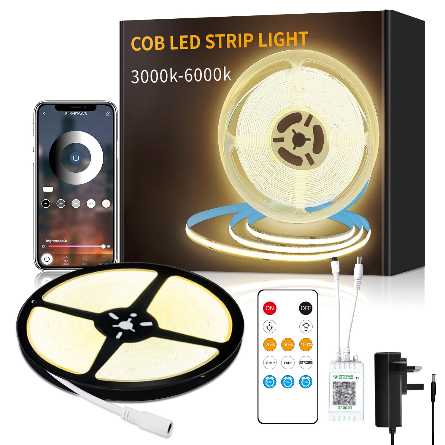 Yeewhale 24V COB LED Strip Lights 3000K 10M Dimmable Warm White LED Strip Kit, with Remote and app Control and UKCA Power Supply LED Tape Lights,for DIY Home Decoration โ image 1