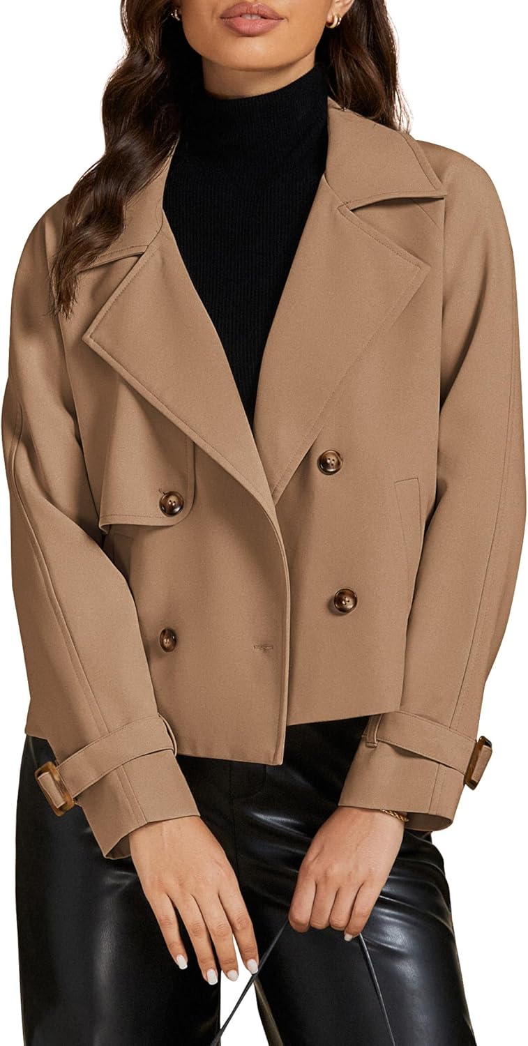 luvamia Cropped Trench Coat for Women Long Sleeve Double Breasted Notched Lapel Casual Loose Fit Jackets with Pockets
