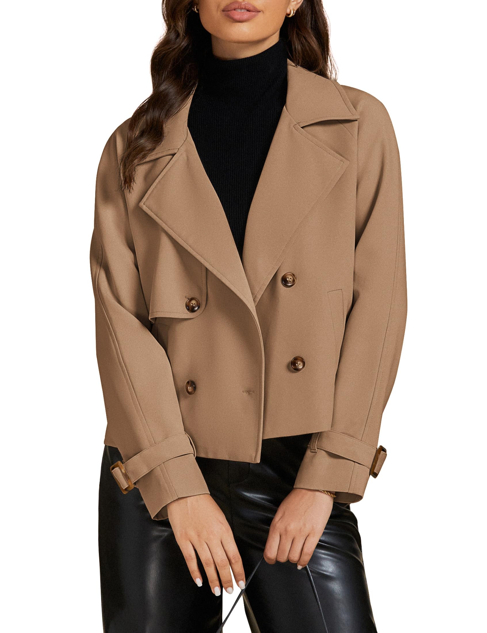luvamiaCropped Trench Coat for Women Long Sleeve Double Breasted Notched Lapel Casual Loose Fit Jackets with Pockets