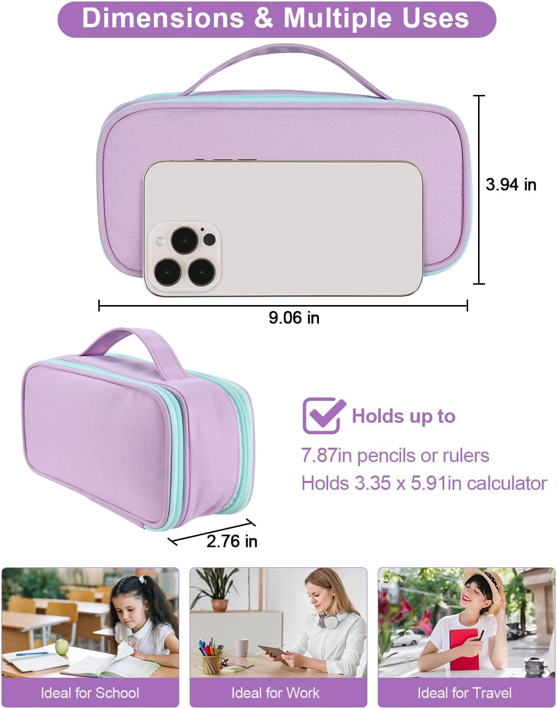 Large Capacity Pencil Case Pouch for Girl, Student, Women, Teen - Multi-Compartment, High Storage, Marker Pen Stationery Box Bag Organizer Holder for School College Office (Purple)