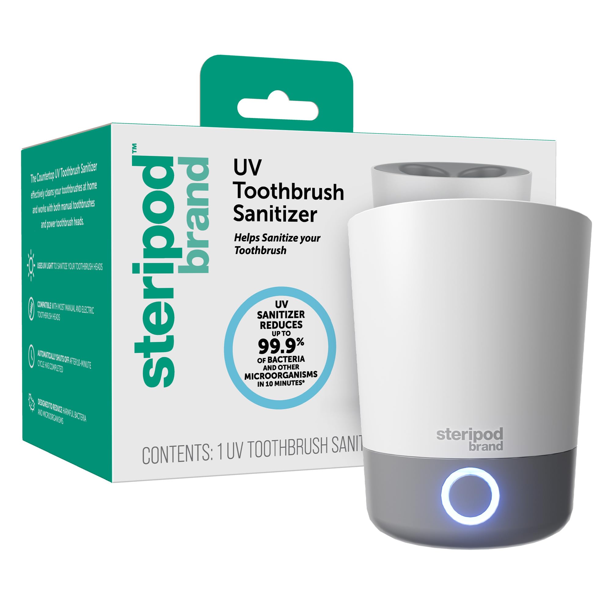 Steripod Prodotto disinfettante UV per spazzolino da tavolo, riduce i microrganismi nocivi, porta spazzolino e stazione di pulizia, contiene quattro spazzolini da denti